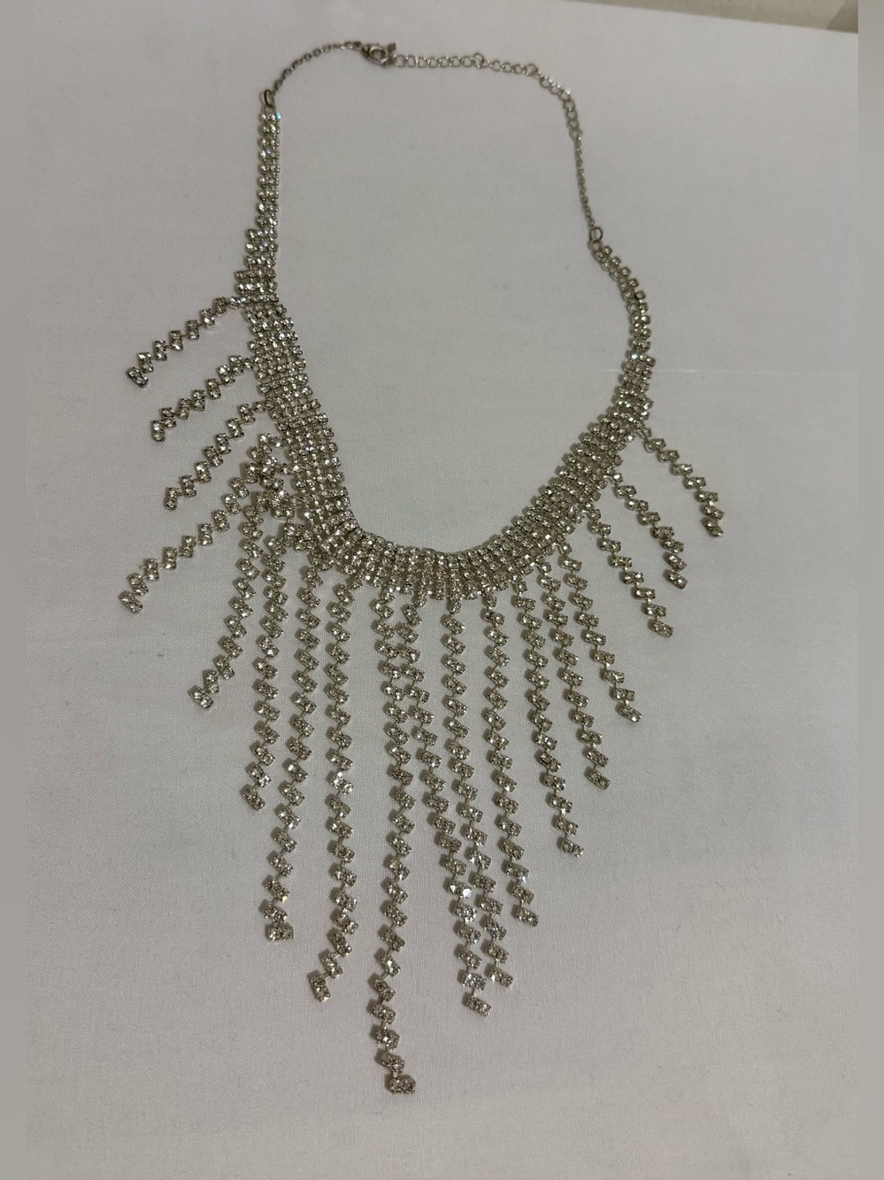 Silver Rhinestone Fringe Statement Necklace - Women Jewelry